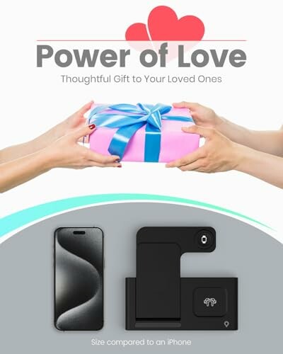 Two hands exchanging a wrapped gift with text 'Power of Love, Thoughtful Gift to Your Loved Ones', alongside a comparison of two gadgets to an iPhone.