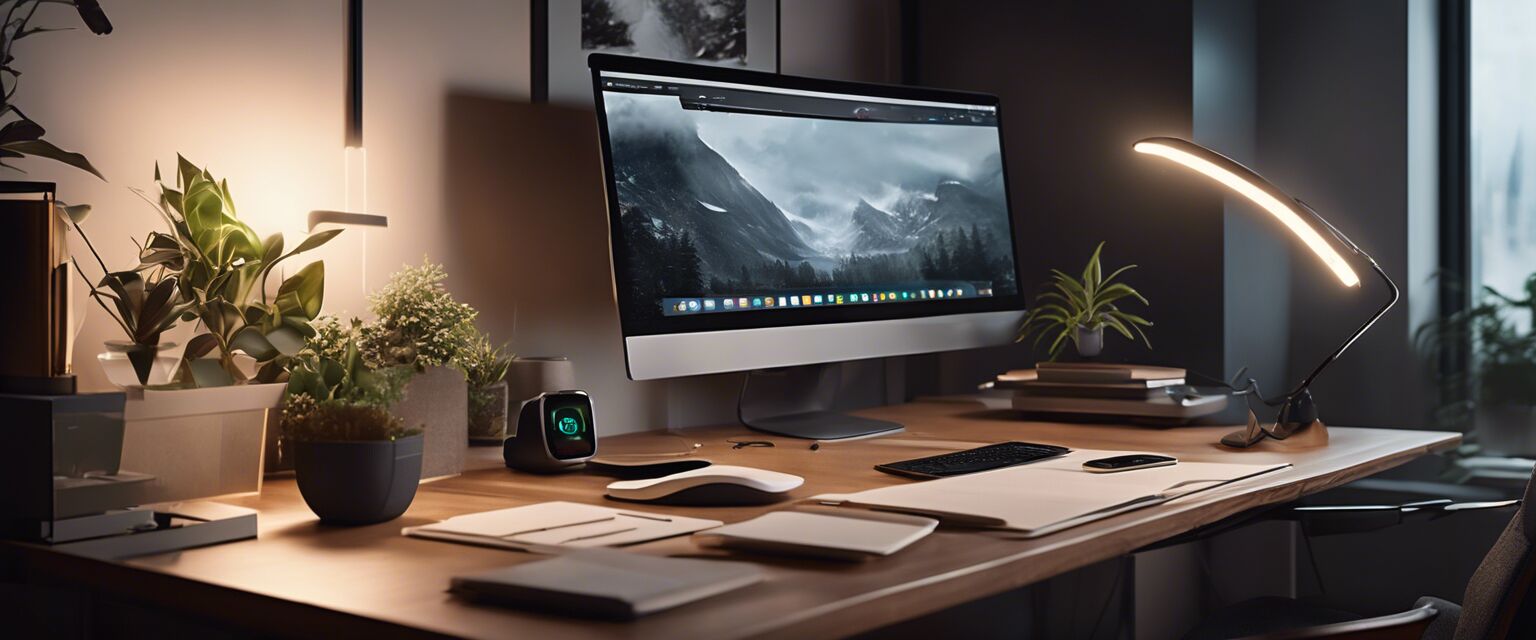 A modern office desk with IoT devices.