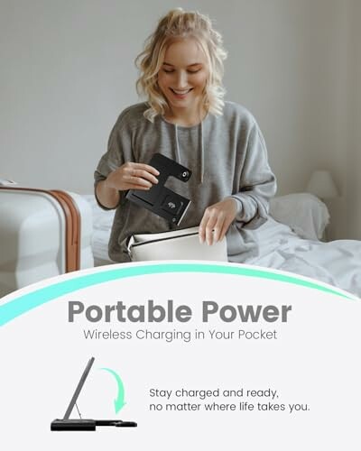 Woman placing wireless charger into bag on bed.