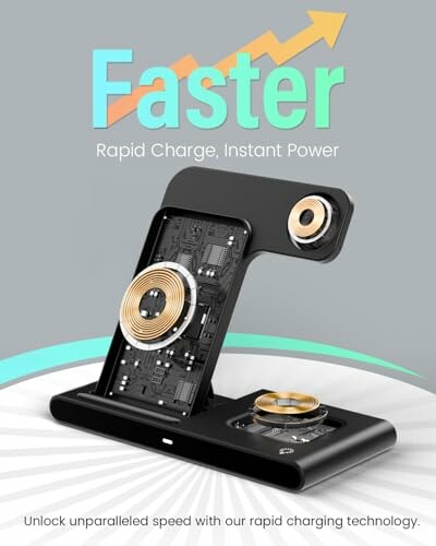 Rapid charging device with technology components and upward arrow.