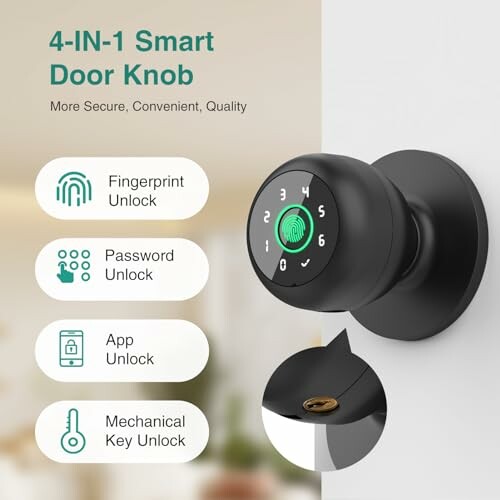 Smart door knob with fingerprint, password, app, and mechanical key unlock options.