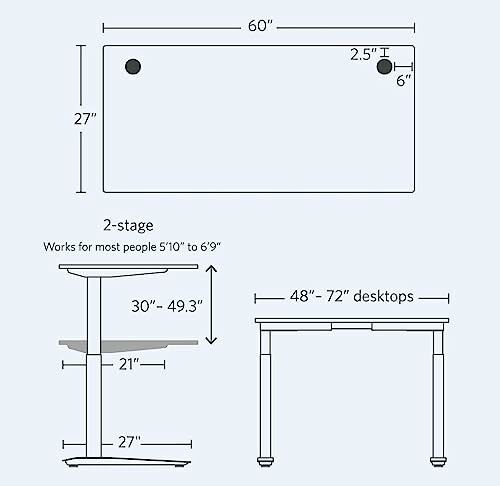 Illustration of adjustable desk with dimensions and height range.