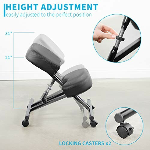 Adjustable kneeling chair with height adjustment feature and locking casters.