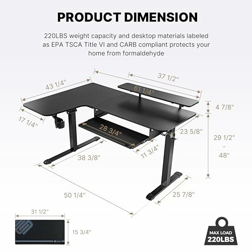 Dimensions of an L-shaped adjustable desk with various measurements and features.