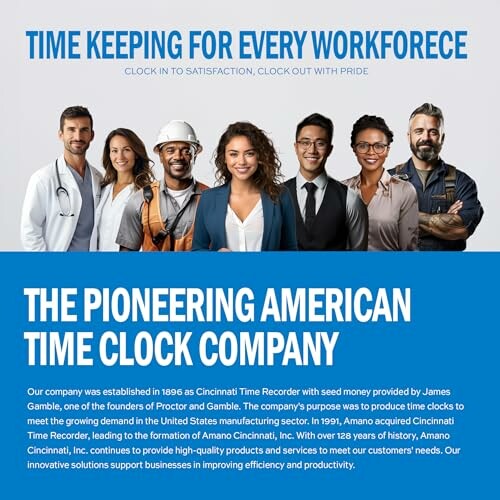 Group of diverse professionals with timekeeping message.