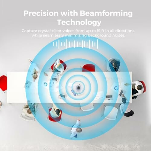 Top view of people around table with beamforming technology illustration.