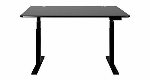 Black adjustable standing desk with a modern design.