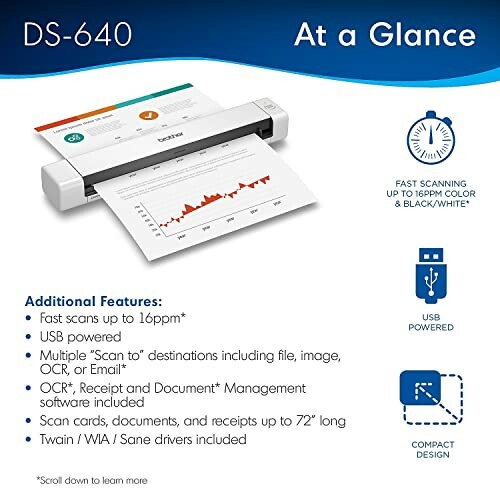 Brother DS-640 scanner features overview with scanning speed, USB power, and compact design.