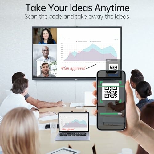 Business meeting with video call and QR code scan.