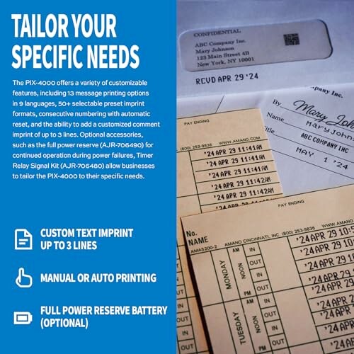 Customizable printing options for PIX-4000 with features and envelopes.