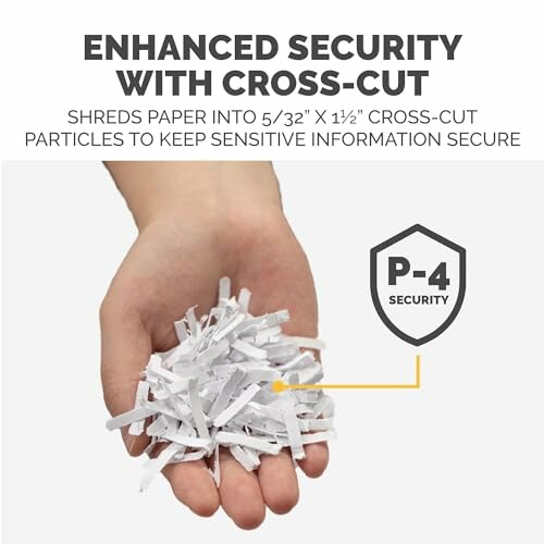 Hand holding cross-cut shredded paper, indicating enhanced security with P-4 level.