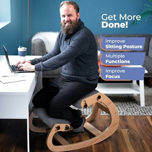 Person using an ergonomic kneeling chair at a desk.