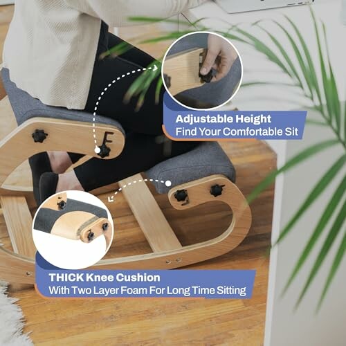 Person adjusting ergonomic kneeling chair with thick knee cushion.