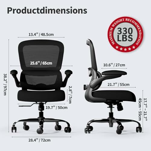 Ergonomic office chair with dimensions and weight limit.