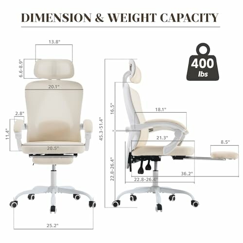 Ergonomic office chair with dimensions and weight capacity of 400 lbs.