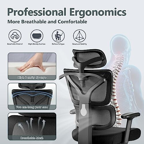 Ergonomic office chair with breathable material, high-density cushion, and structural stability.