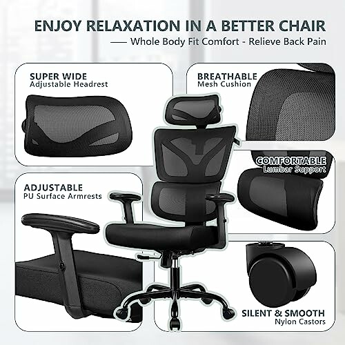 Ergonomic office chair with adjustable headrest, breathable mesh cushion, PU surface armrests, lumbar support, and nylon castors.