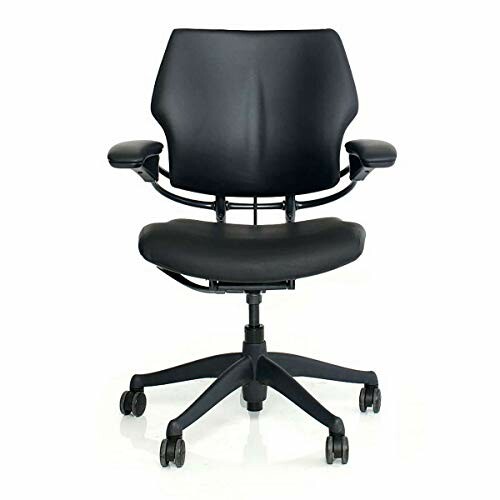 Black ergonomic office chair with armrests and wheels