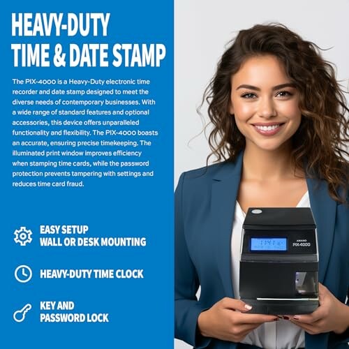 Woman holding a heavy-duty time and date stamp machine with product features listed.