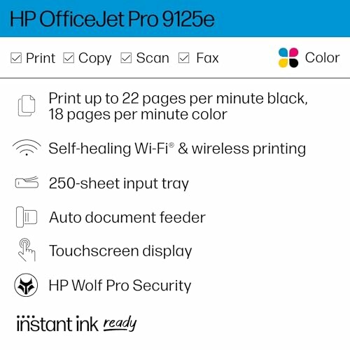 HP OfficeJet Pro 9125e features including print, copy, scan, fax, color, Wi-Fi, 250-sheet tray, auto feeder, touchscreen, security