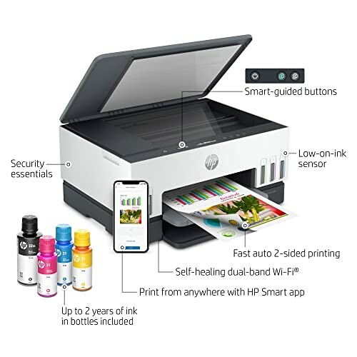 HP printer with ink bottles and smart features