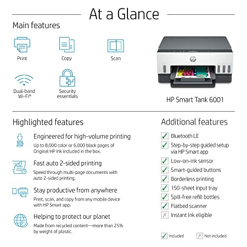 HP Smart Tank 6001 printer features and highlights