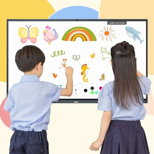 Two children drawing colorful images on a smart board.