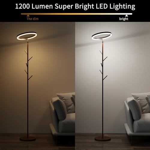 Comparison of LED floor lamp with dim and bright settings.