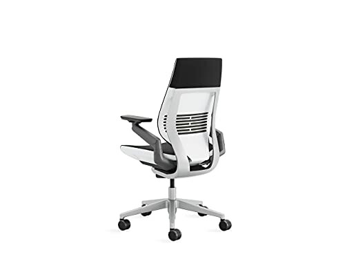 Back view of a modern office chair with wheels and armrests.