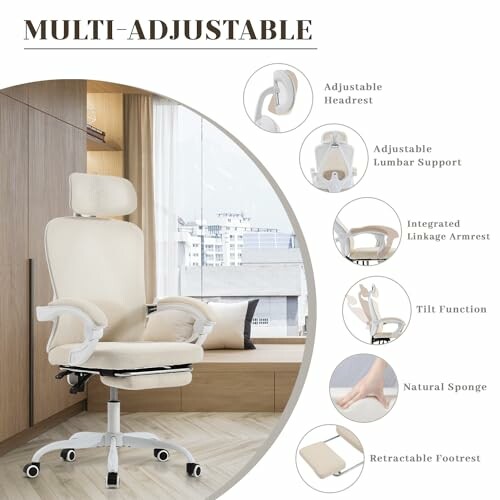 Multi-adjustable office chair with features listed.