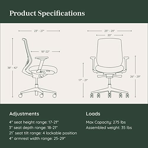 Office chair specifications with dimensions and adjustments.