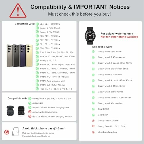 Compatibility guide for phones and watches, highlighting compatible Samsung models and accessories.