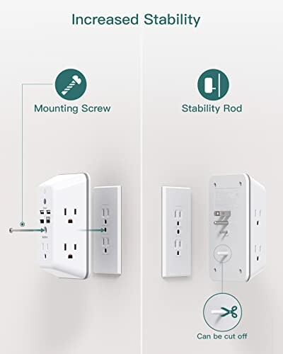 Illustration of power strip with mounting screw and stability rod.