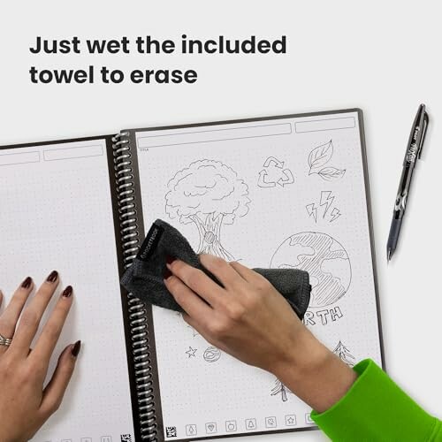 Person erasing notebook page with wet towel.