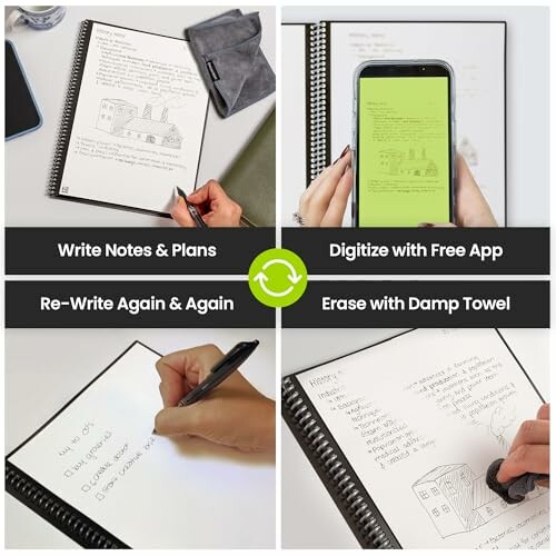 Collage of a reusable smart notebook showing writing, digitizing, and erasing.