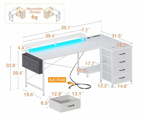 L-shaped desk with dimensions and reversible design features