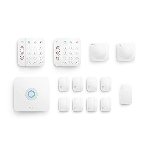 Ring alarm system components including keypads, motion detectors, and contact sensors.