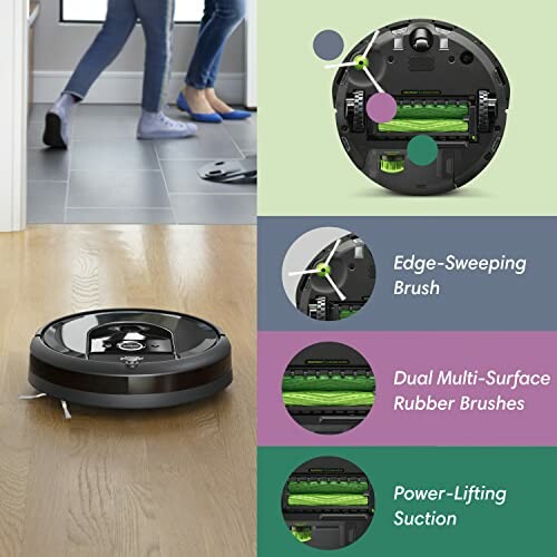 Robot vacuum cleaner with edge-sweeping brush, dual multi-surface rubber brushes, and power-lifting suction.