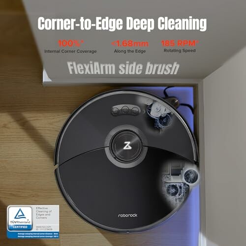 Roborock vacuum with corner-to-edge deep cleaning feature.