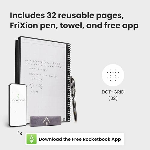 Rocketbook notebook set with reusable pages, pen, towel, and app.