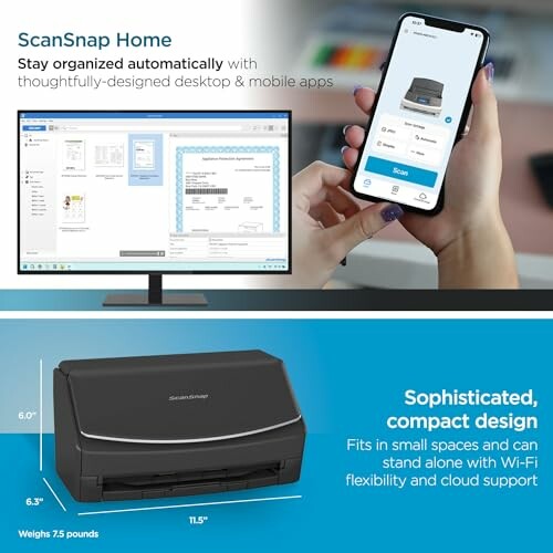 ScanSnap Home app with desktop and mobile, compact scanner design.