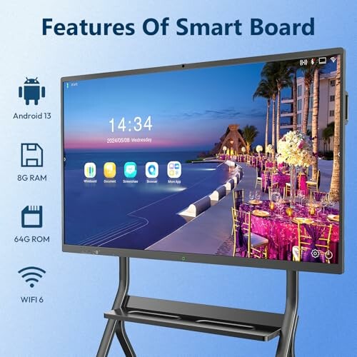 Smart board with features including Android 13, 8G RAM, 64G ROM, and WiFi 6