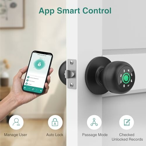 Person using smartphone app to control smart door lock.