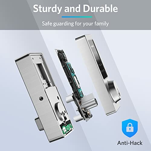 Exploded view of a smart lock mechanism highlighting durability and anti-hack features.