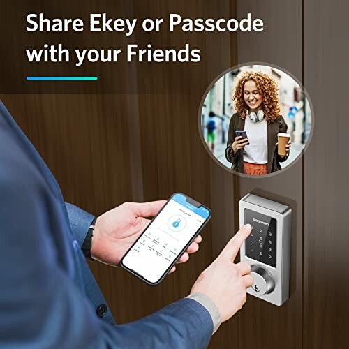 Person using smartphone to unlock a smart lock, with inset of woman holding phone and coffee.