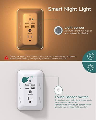 Smart night light wall outlet with USB ports and light sensor.