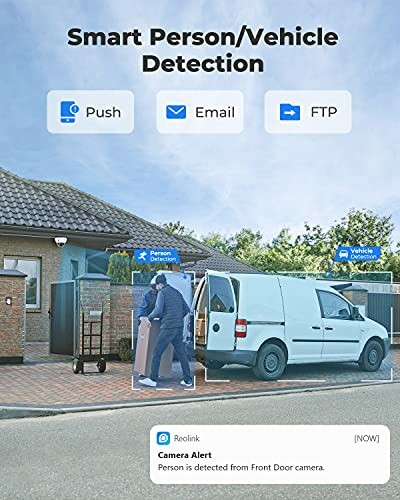 Reolink security camera detects person and vehicle with alerts for push, email, and FTP.