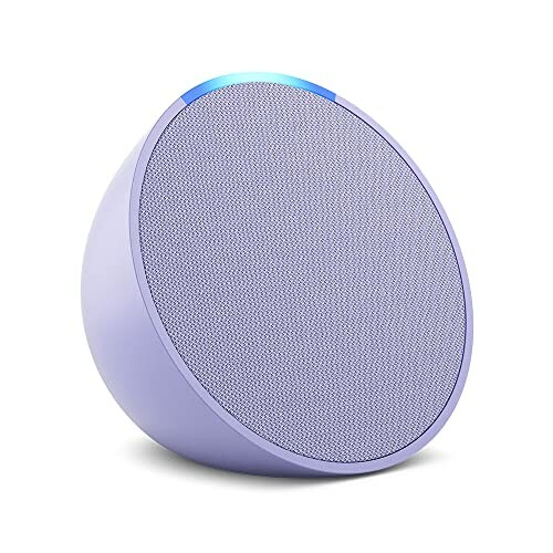 Purple smart speaker with fabric front and blue light