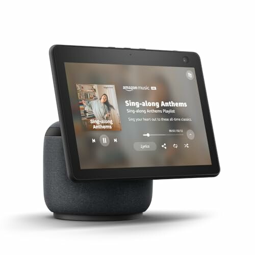 Smart speaker with display showing music playlist