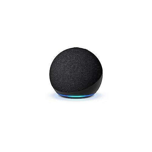 Black smart speaker with blue light ring.